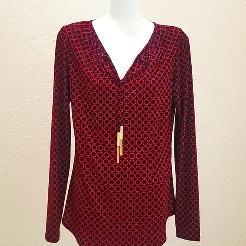 LIKE NEW Michael Kors Women's Red and Black Patterned Long Sleeve Top Size Small